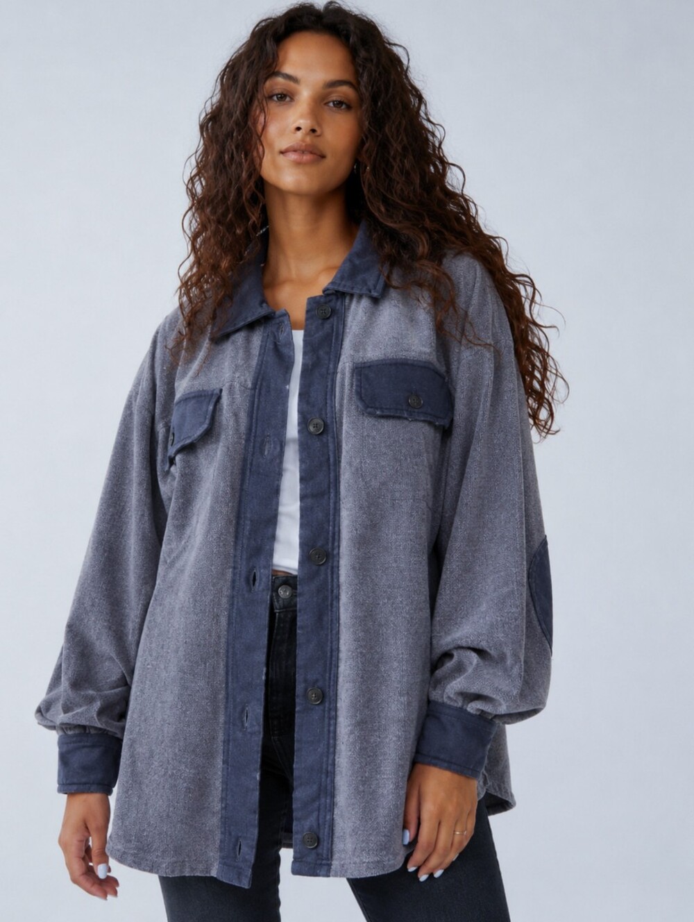 Free People Ruby Fleece Shirt Jacket Blue Oversized Shacket Boho Medium